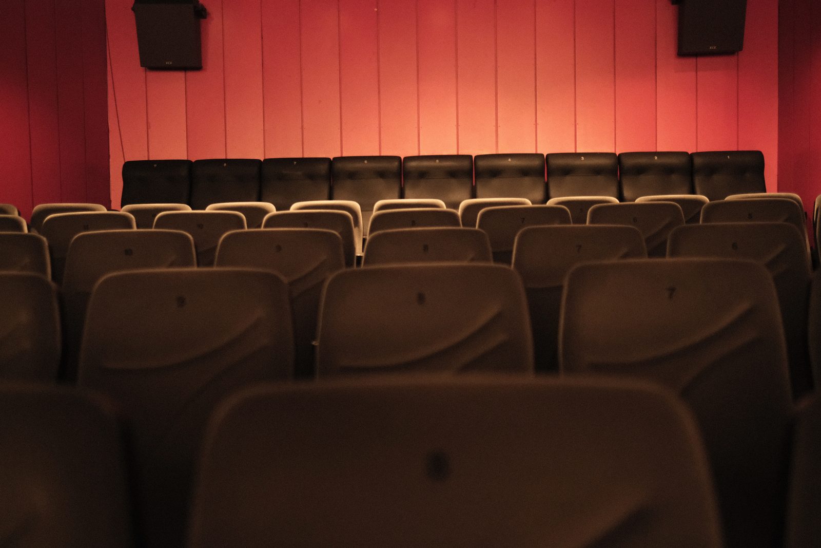 Cinema hall with red walls and rows of seats